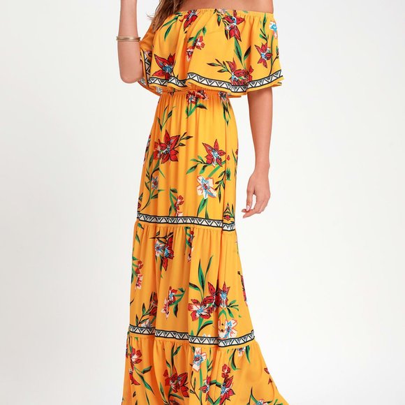 Cancun Cutie Yellow Floral Print Off-the-Shoulder Maxi Dress - Picture 1 of 3
